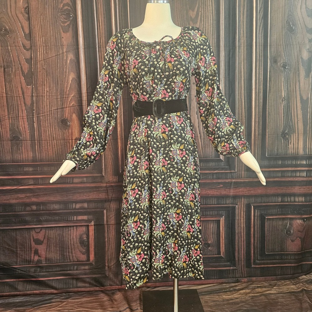 Vintage 1960s Floral Midi Dress Long Bishop Sleeve Velvet Belt Black Multi Boho